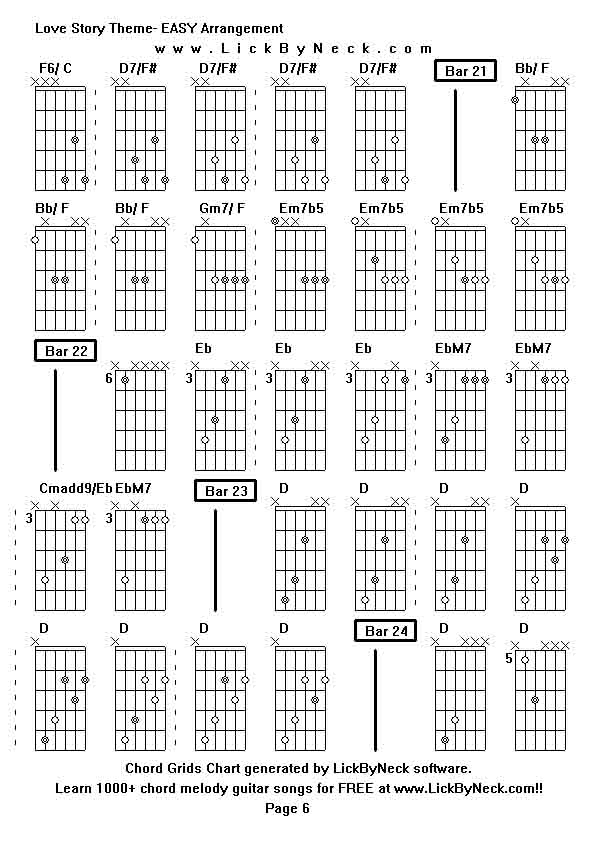 Chord Grids Chart of chord melody fingerstyle guitar song-Love Story Theme- EASY Arrangement,generated by LickByNeck software.